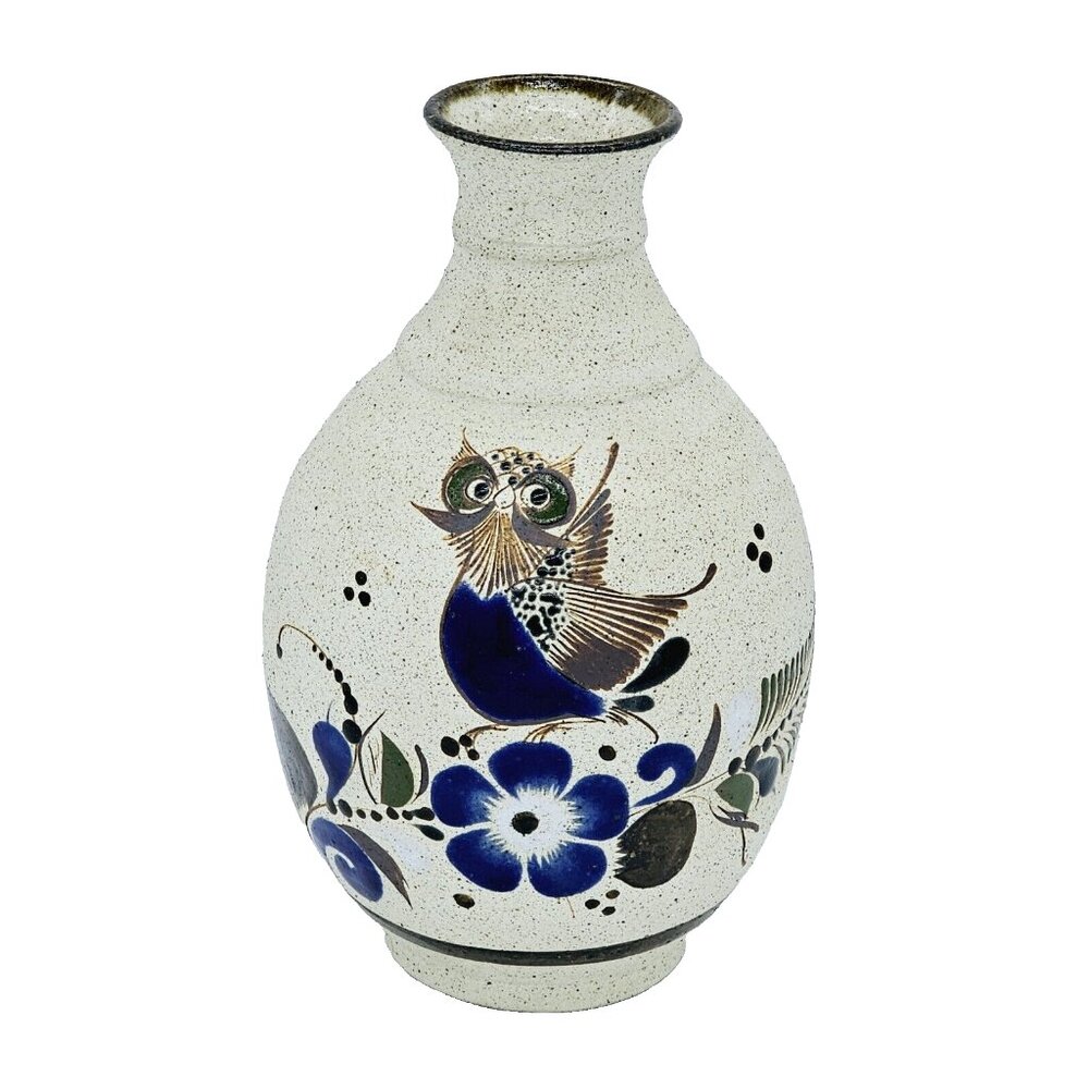 Vintage Tonala Mexico Signed Pottery Vase Hoot Owl Flowers Hand Painted Folk Art